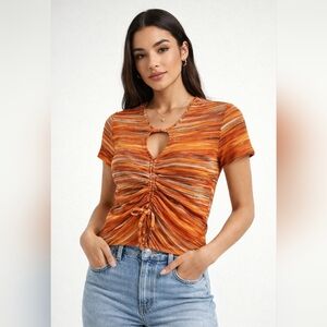 Topshop Womens Blouse Size Small 4-6 Orange Crop Top Ruched Pullover Shirt